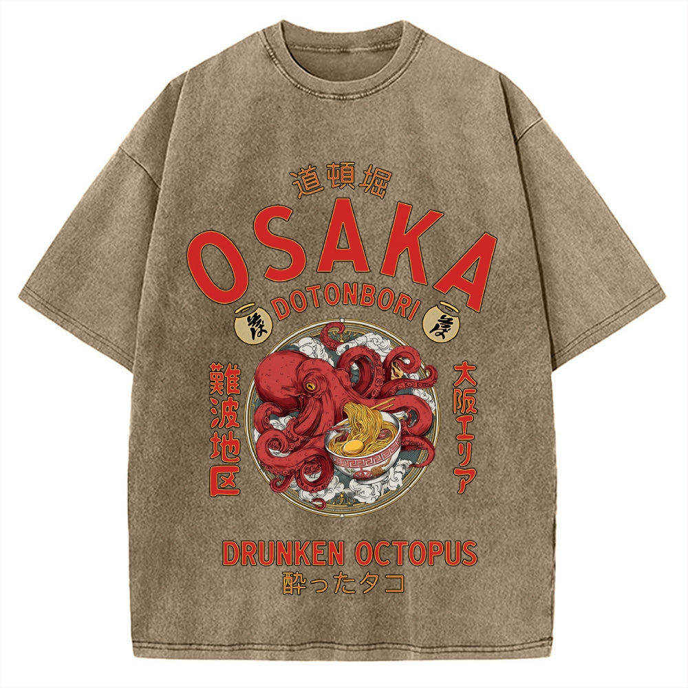 Osaka Drunken Octopus Eating Ramen Vintage Washed T-shirt