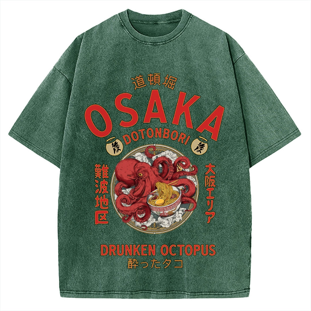 Osaka Drunken Octopus Eating Ramen Vintage Washed T-shirt