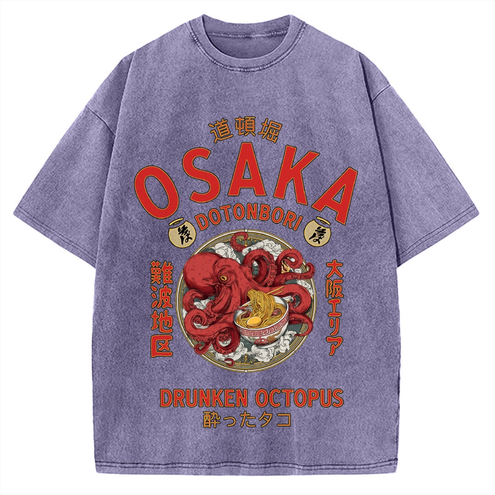 Osaka Drunken Octopus Eating Ramen Vintage Washed T-shirt