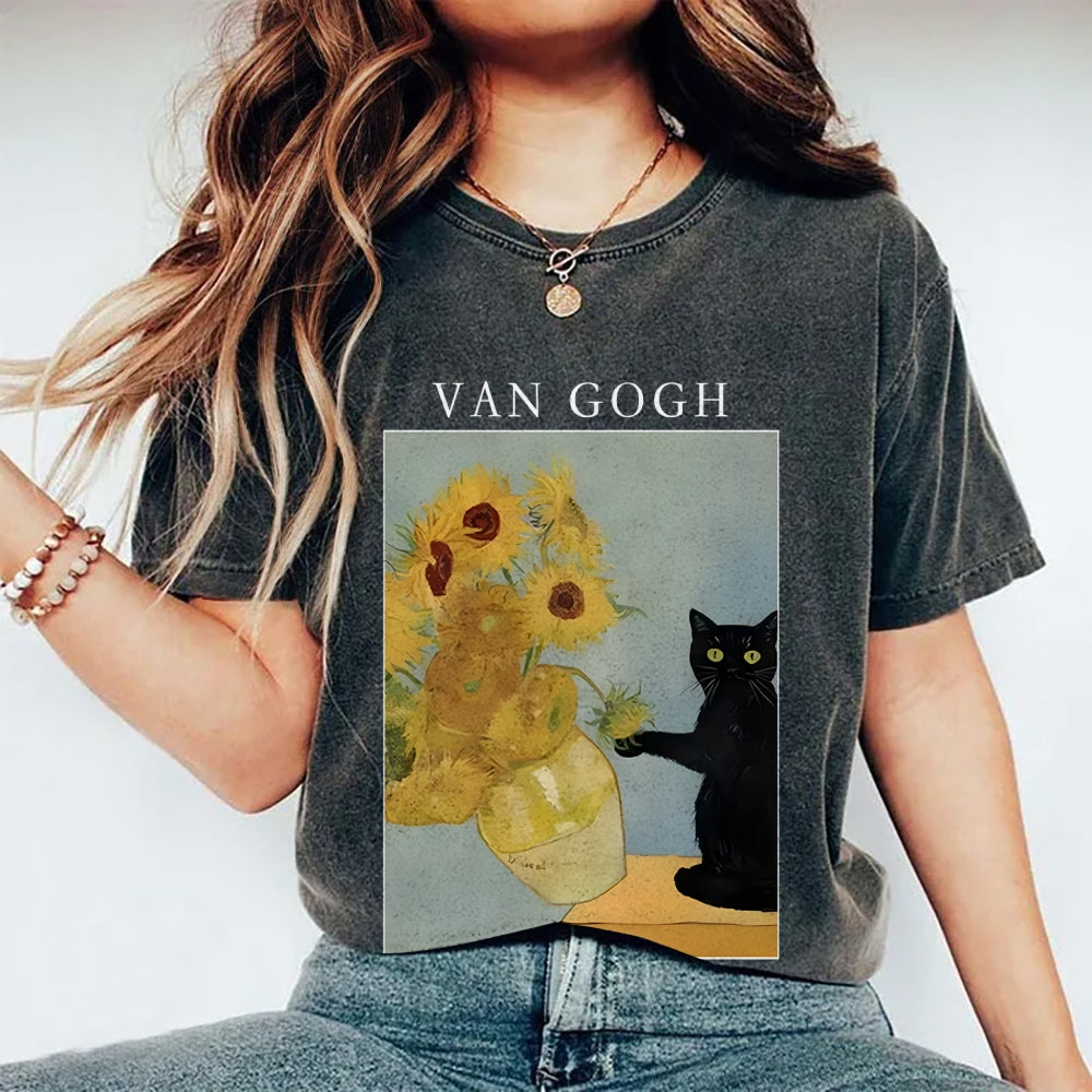 Black Cat With Sunflowers Washed T-Shirt