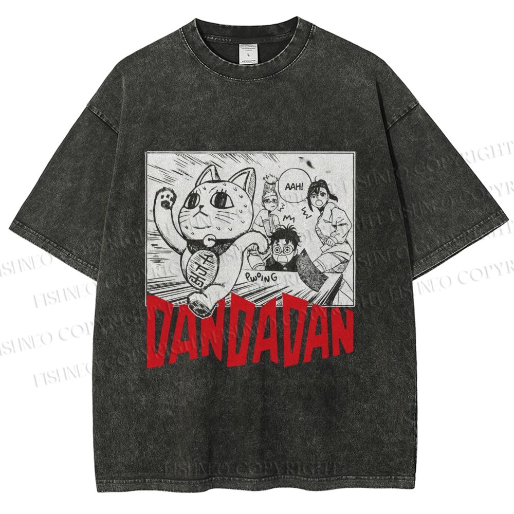Unisex Japanese Fortune Cat DanDaDan Printed Washed Tee