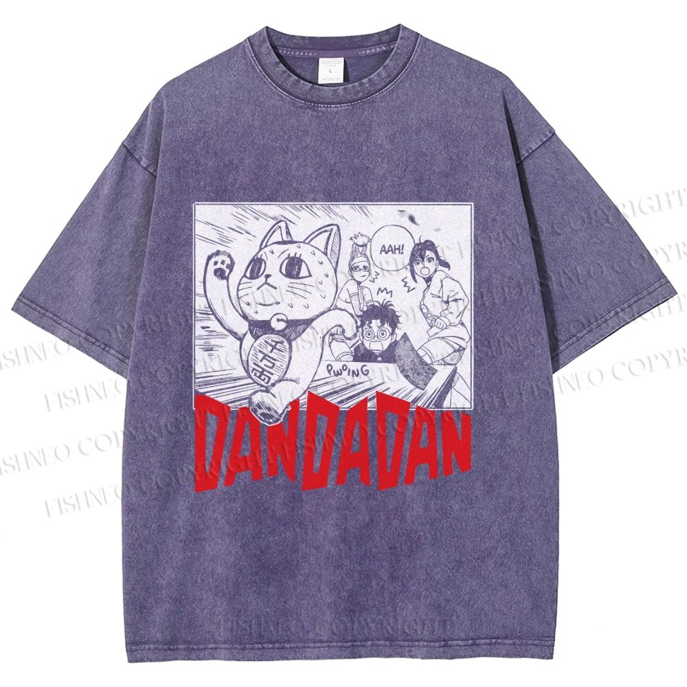 Unisex Japanese Fortune Cat DanDaDan Printed Washed Tee