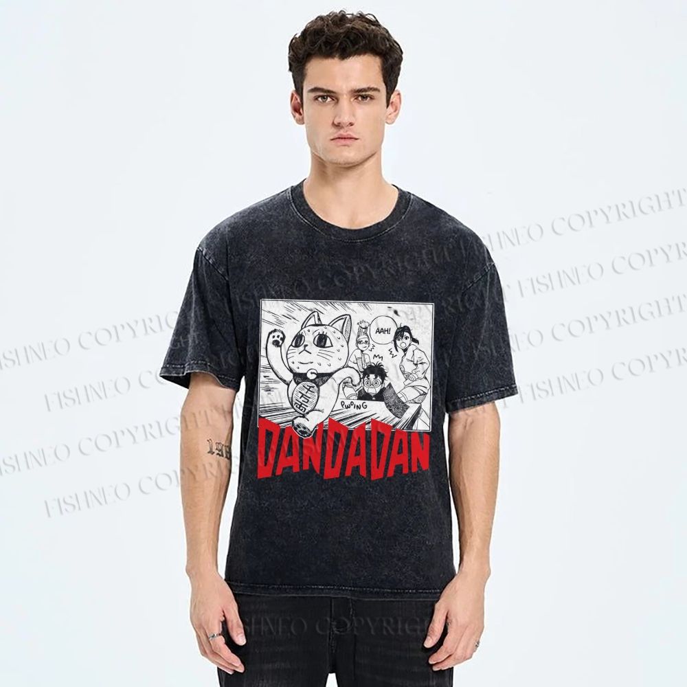 Unisex Japanese Fortune Cat DanDaDan Printed Washed Tee