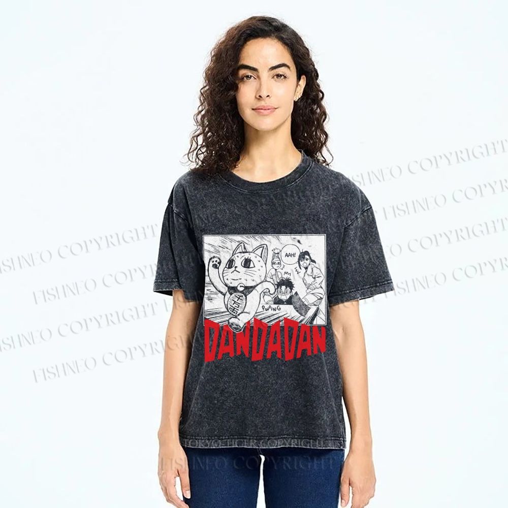 Unisex Japanese Fortune Cat DanDaDan Printed Washed Tee