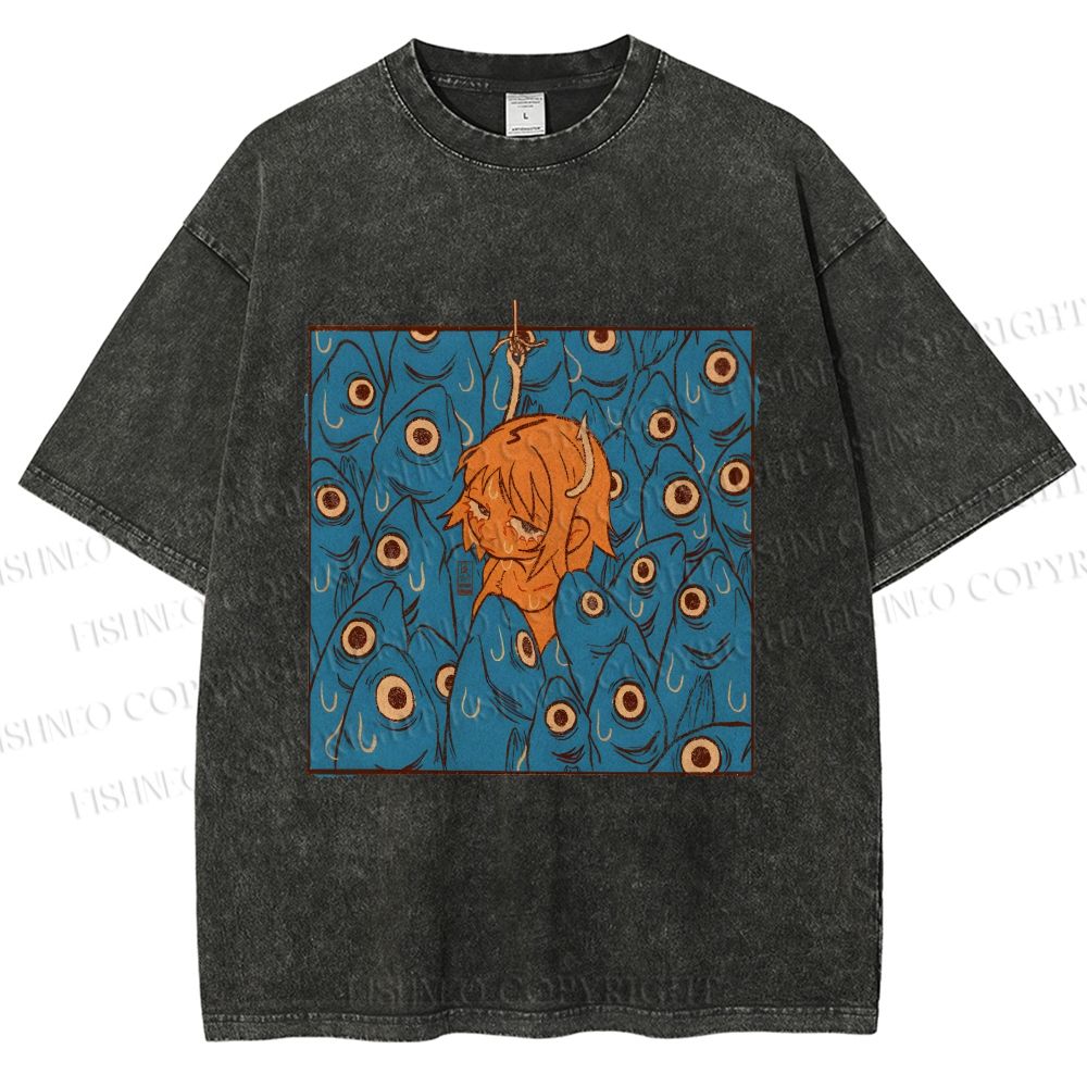 Unisex Vintage Fish Graffiti Printed Washed Tee