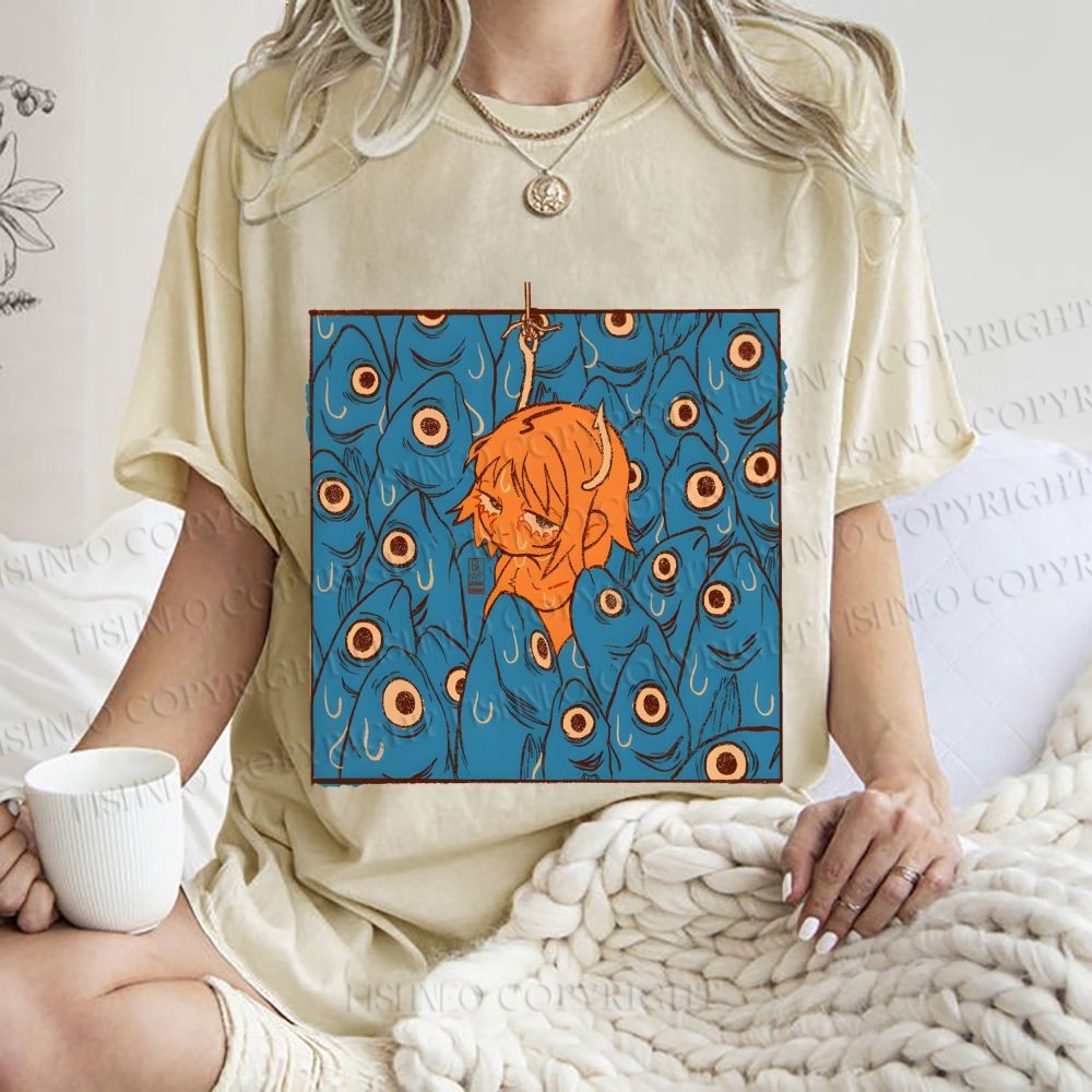 Unisex Vintage Fish Graffiti Printed Washed Tee
