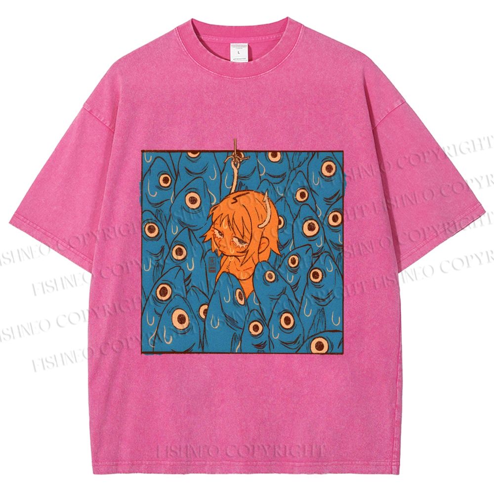 Unisex Vintage Fish Graffiti Printed Washed Tee