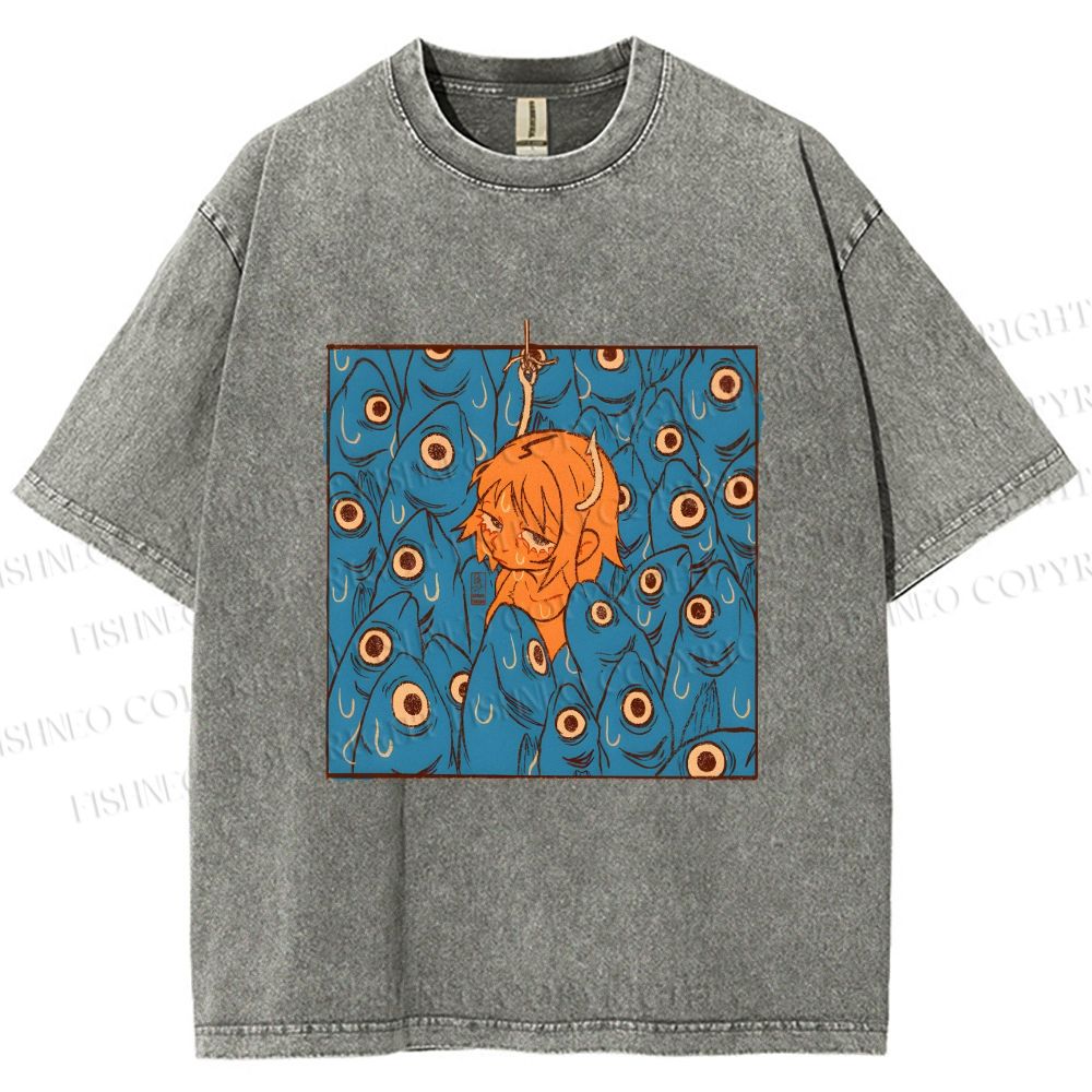 Unisex Vintage Fish Graffiti Printed Washed Tee