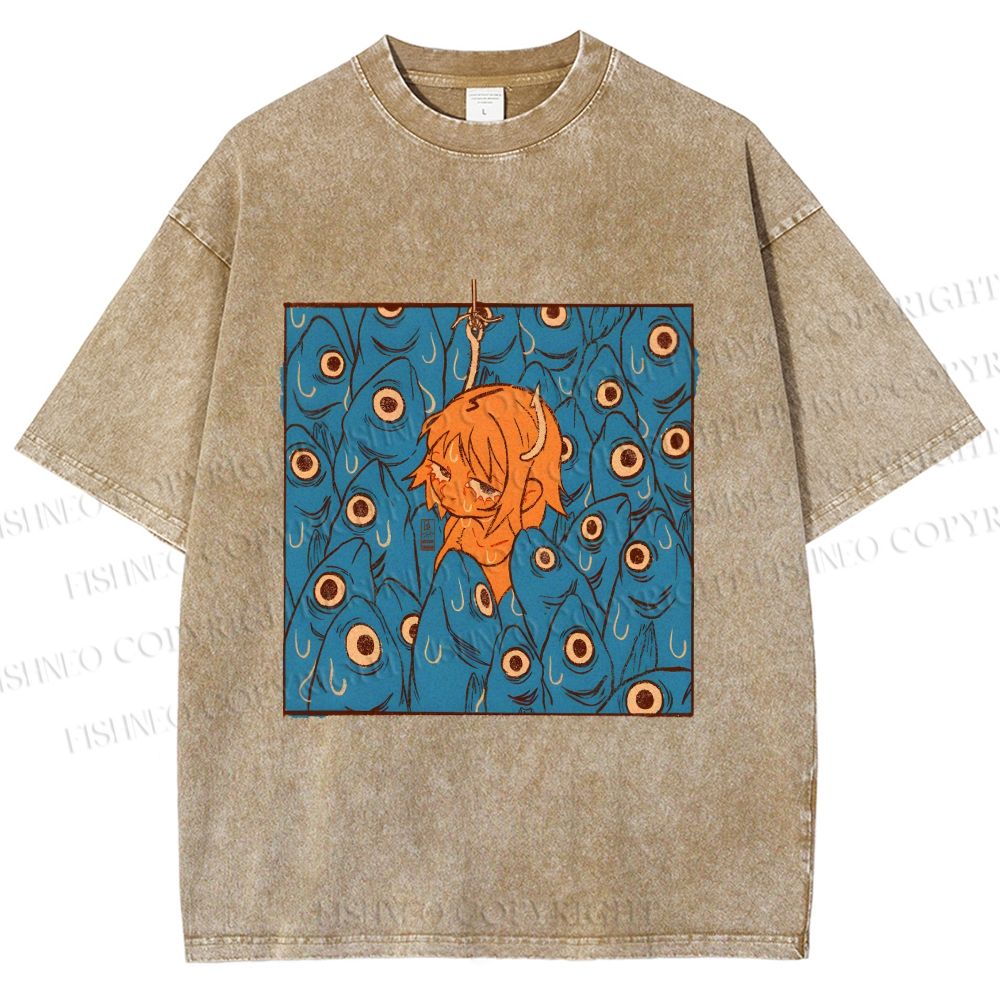 Unisex Vintage Fish Graffiti Printed Washed Tee