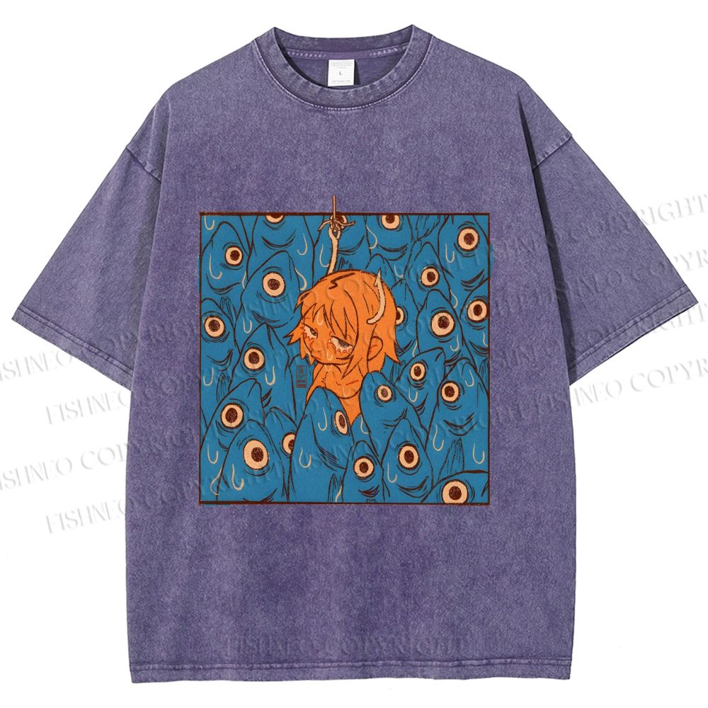 Unisex Vintage Fish Graffiti Printed Washed Tee