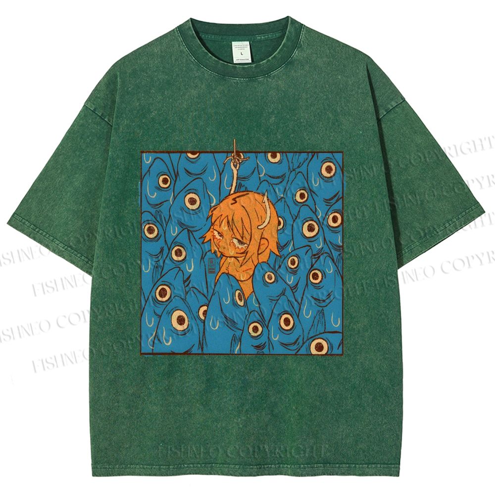Unisex Vintage Fish Graffiti Printed Washed Tee