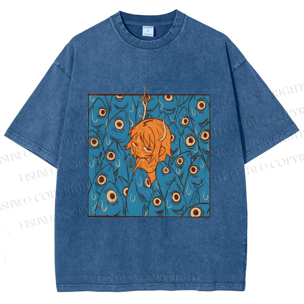 Unisex Vintage Fish Graffiti Printed Washed Tee