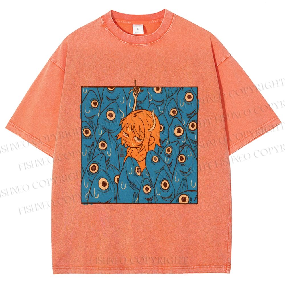 Unisex Vintage Fish Graffiti Printed Washed Tee