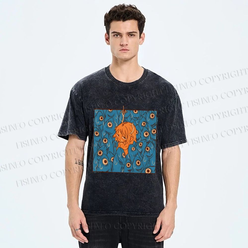 Unisex Vintage Fish Graffiti Printed Washed Tee