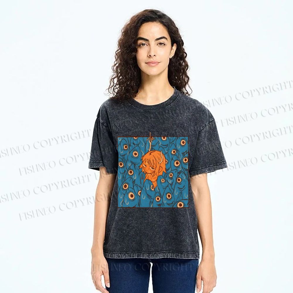Unisex Vintage Fish Graffiti Printed Washed Tee