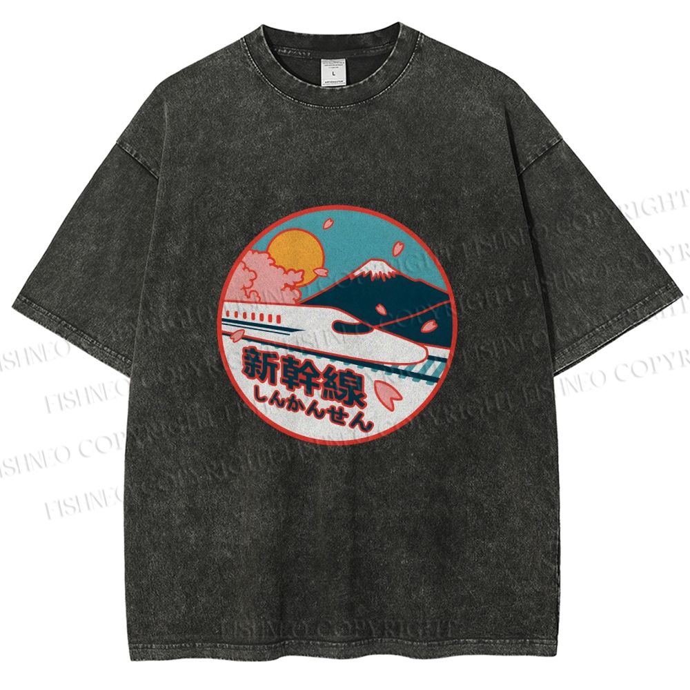 Unisex Japanese Mount Fuji the Shinkansen Printed Washed Tee