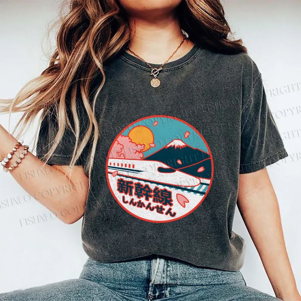 Unisex Japanese Mount Fuji the Shinkansen Printed Washed Tee