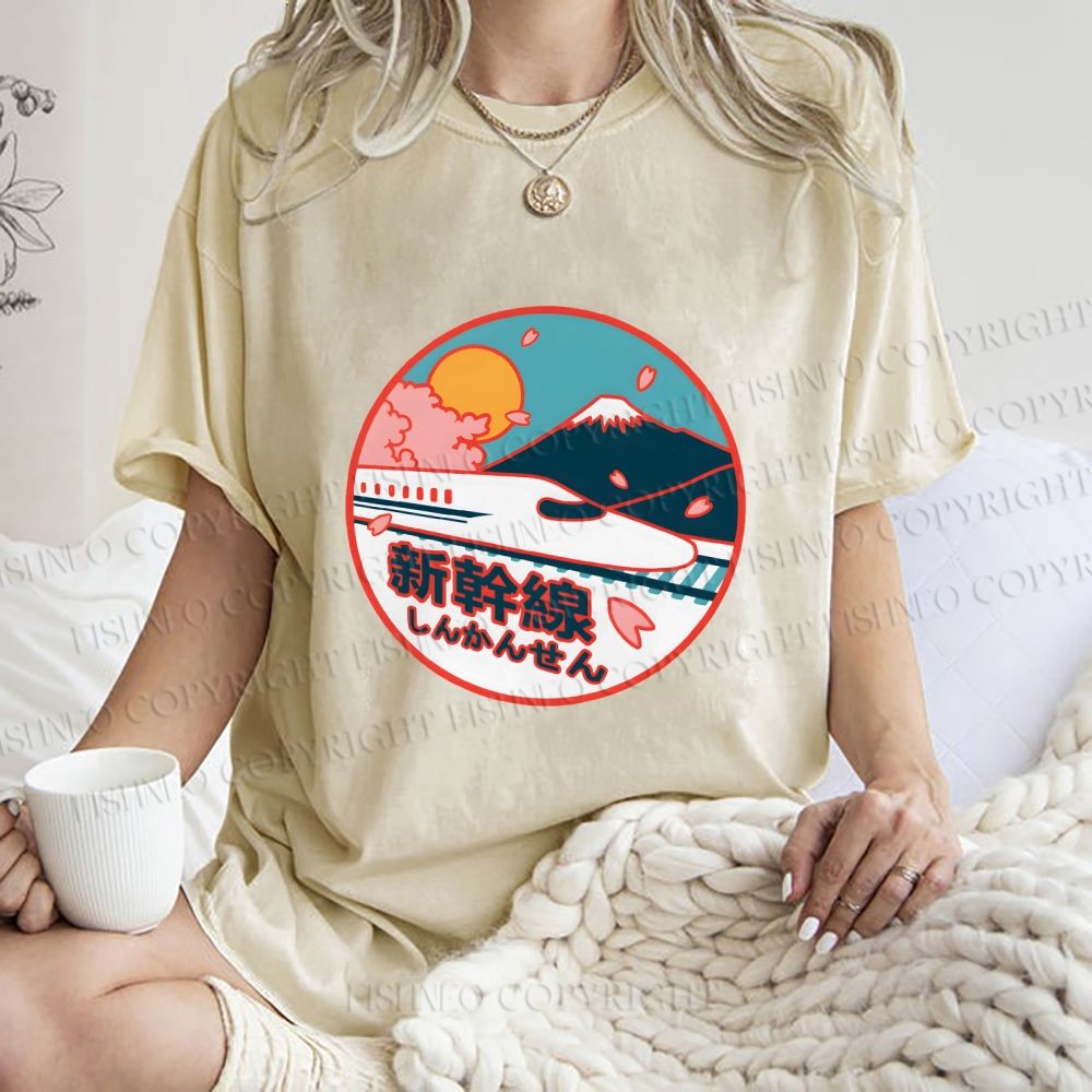 Unisex Japanese Mount Fuji the Shinkansen Printed Washed Tee