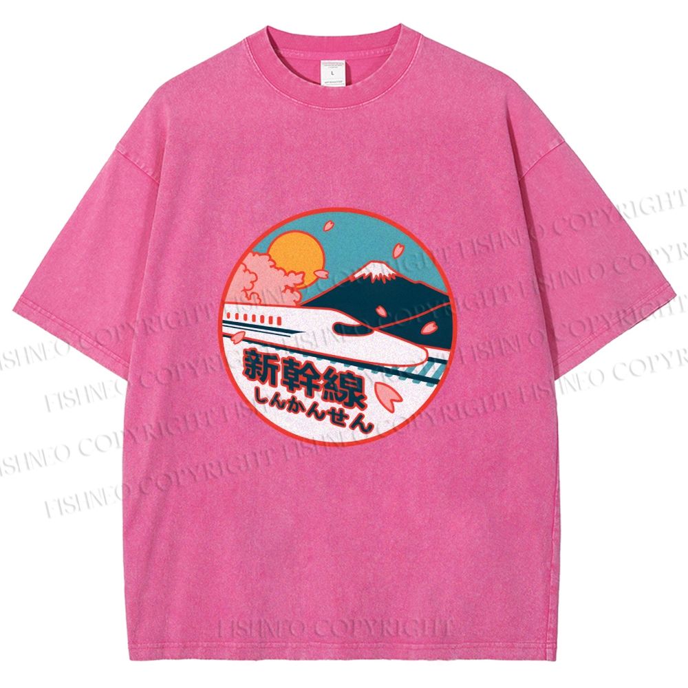 Unisex Japanese Mount Fuji the Shinkansen Printed Washed Tee