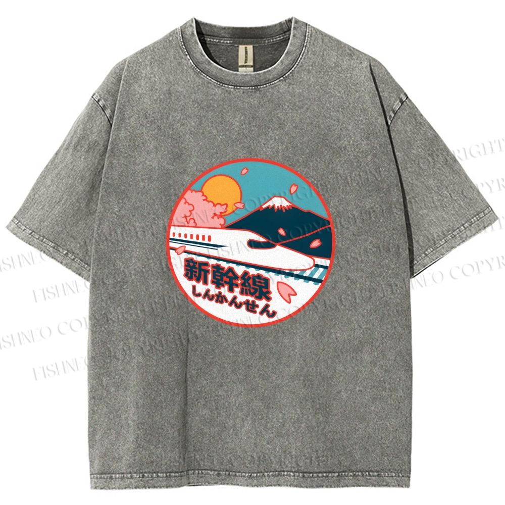 Unisex Japanese Mount Fuji the Shinkansen Printed Washed Tee