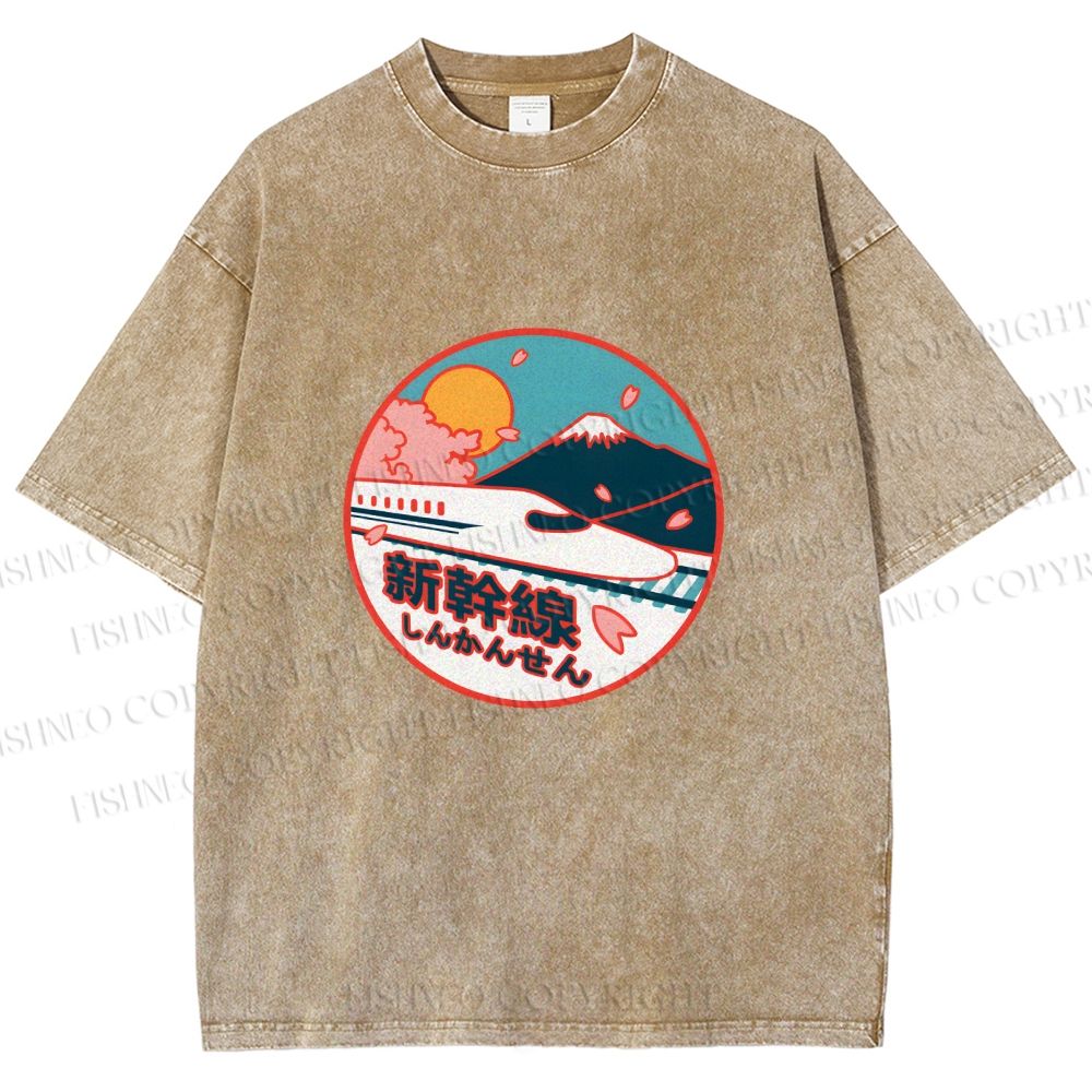 Unisex Japanese Mount Fuji the Shinkansen Printed Washed Tee