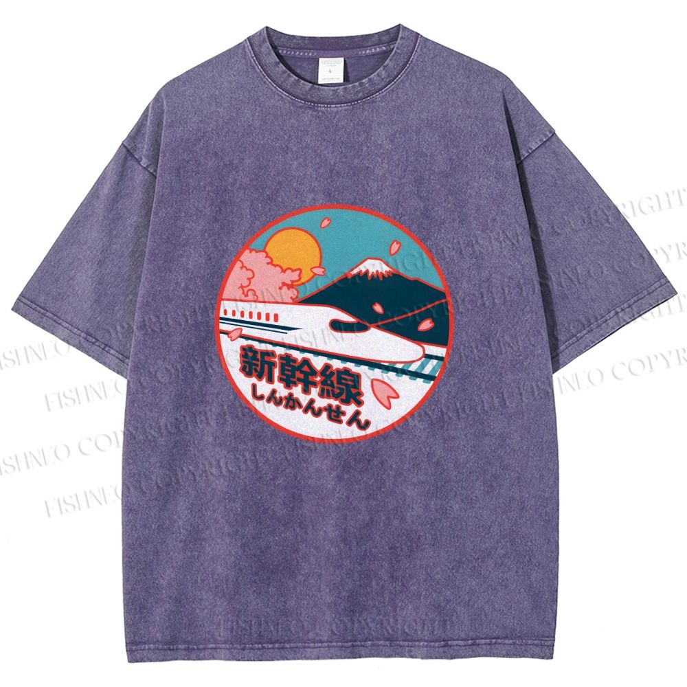 Unisex Japanese Mount Fuji the Shinkansen Printed Washed Tee