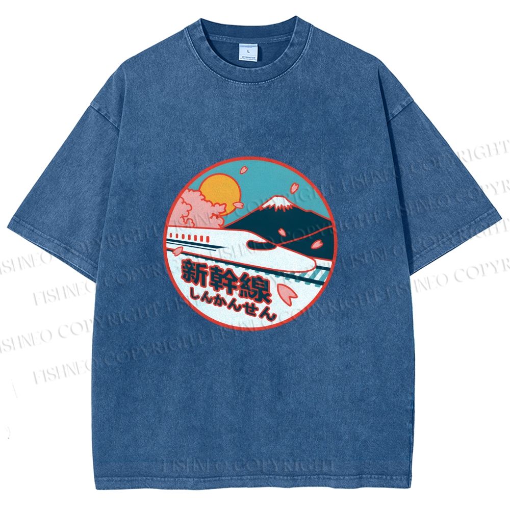 Unisex Japanese Mount Fuji the Shinkansen Printed Washed Tee