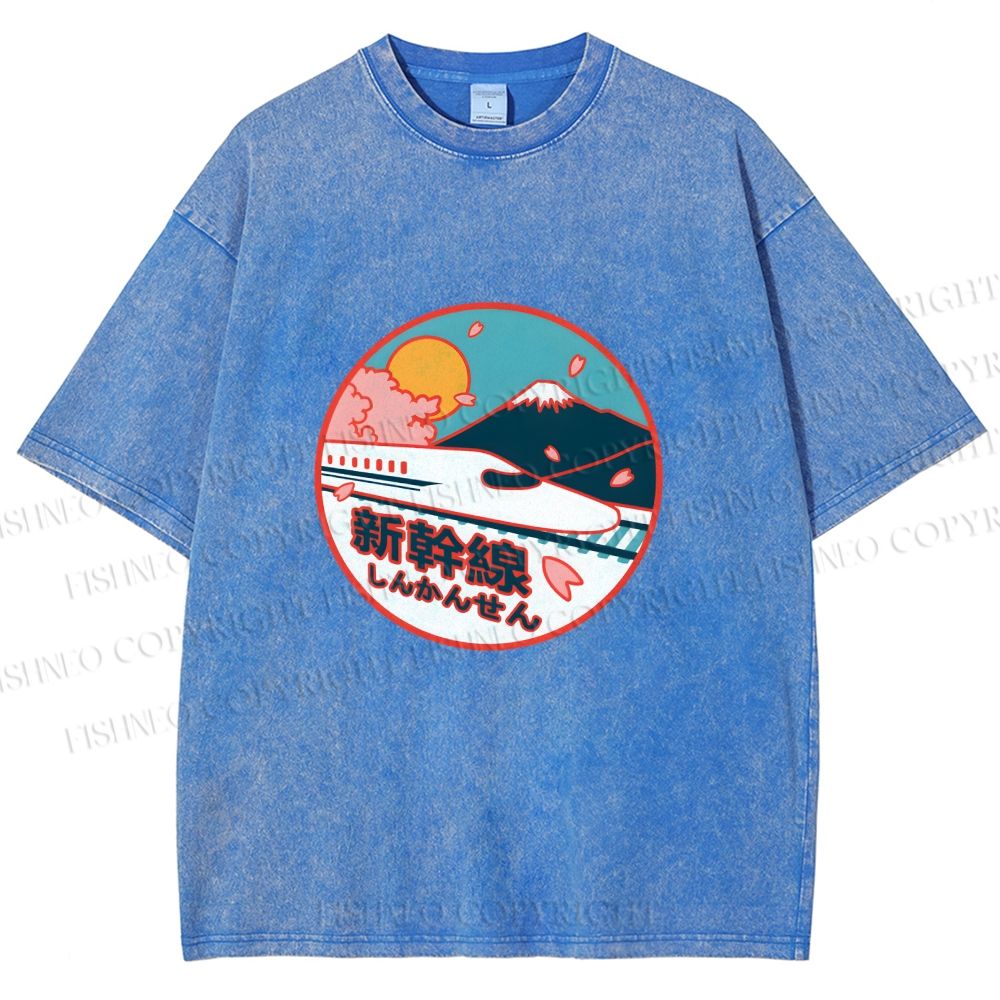 Unisex Japanese Mount Fuji the Shinkansen Printed Washed Tee