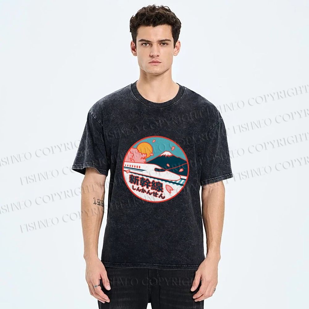 Unisex Japanese Mount Fuji the Shinkansen Printed Washed Tee