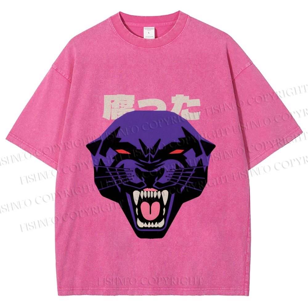 Unisex Japanese Angry Leopard Printed Washed Tee