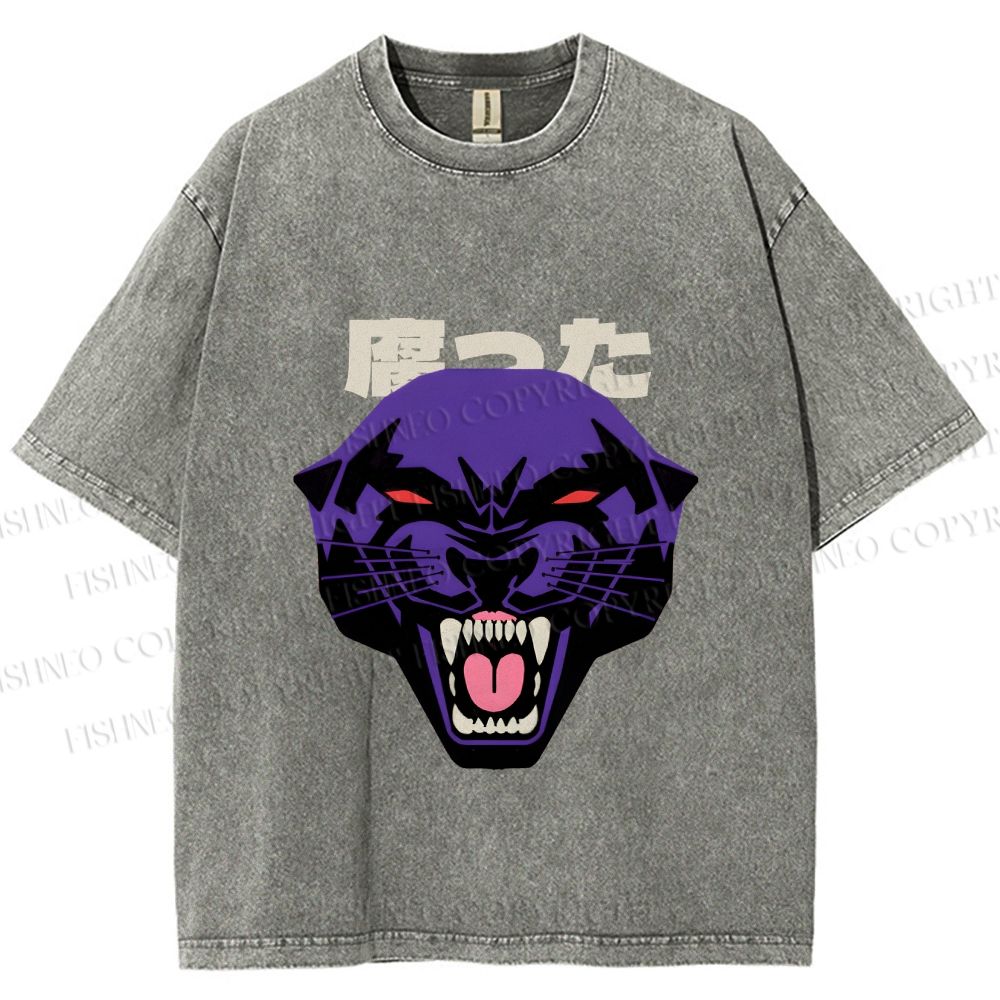Unisex Japanese Angry Leopard Printed Washed Tee