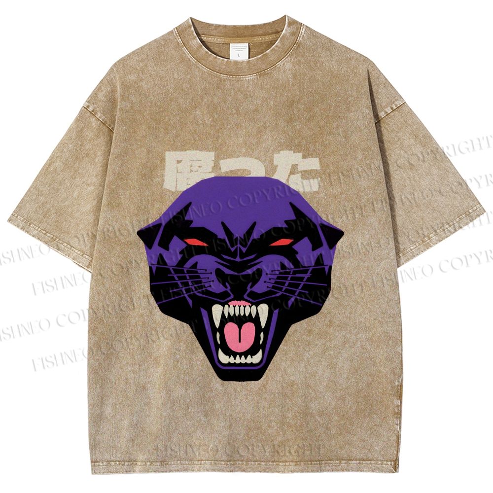 Unisex Japanese Angry Leopard Printed Washed Tee