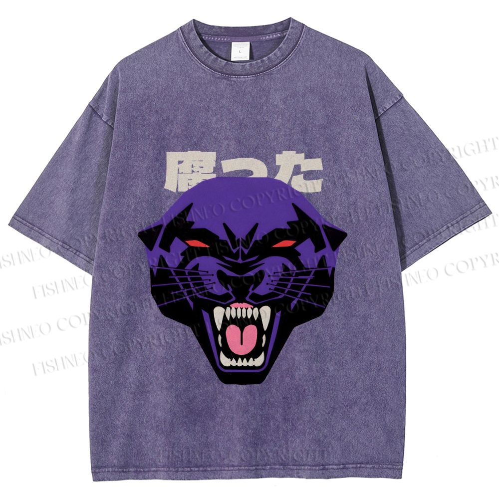 Unisex Japanese Angry Leopard Printed Washed Tee