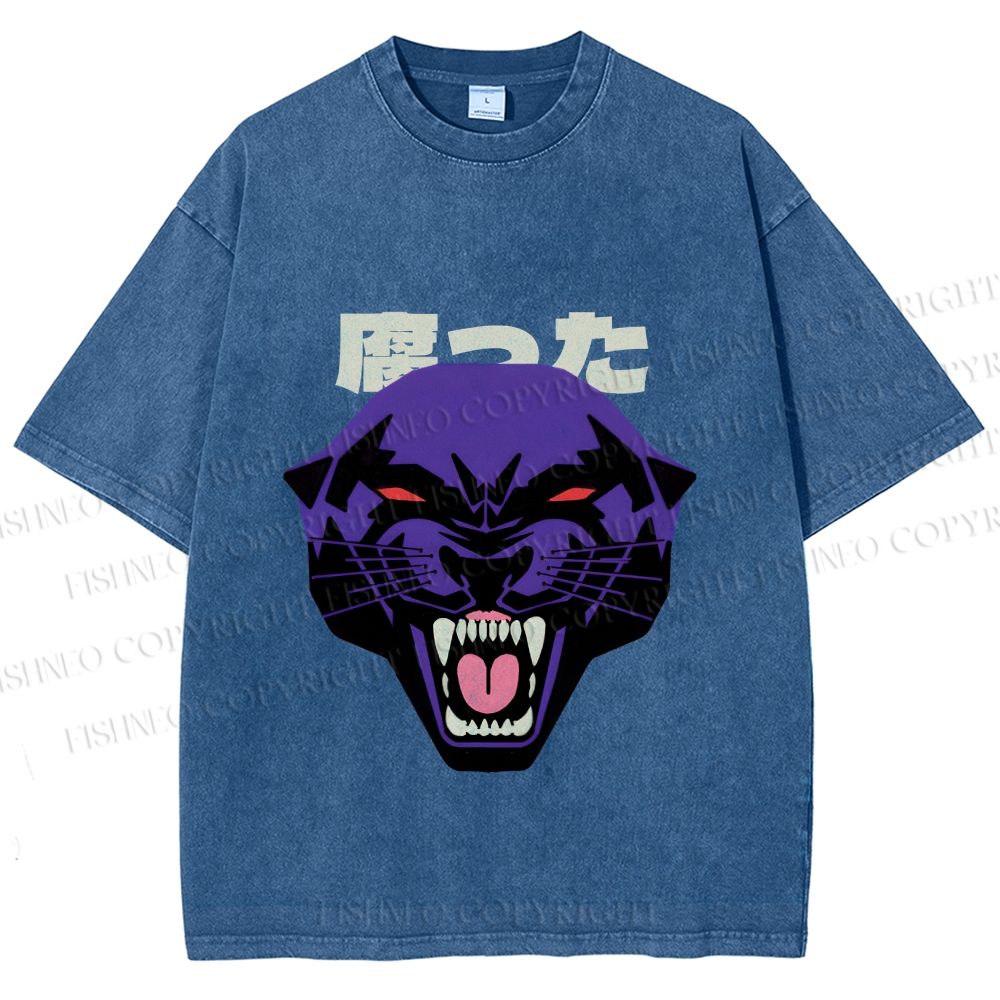 Unisex Japanese Angry Leopard Printed Washed Tee