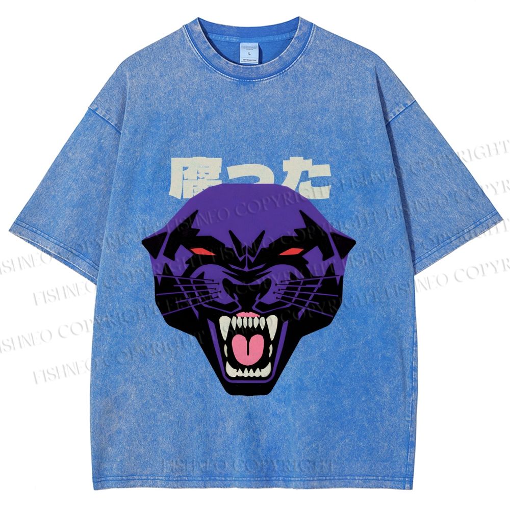 Unisex Japanese Angry Leopard Printed Washed Tee