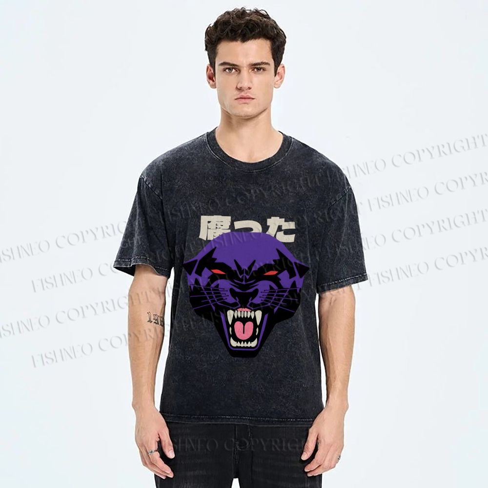 Unisex Japanese Angry Leopard Printed Washed Tee
