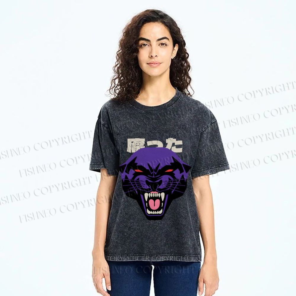 Unisex Japanese Angry Leopard Printed Washed Tee