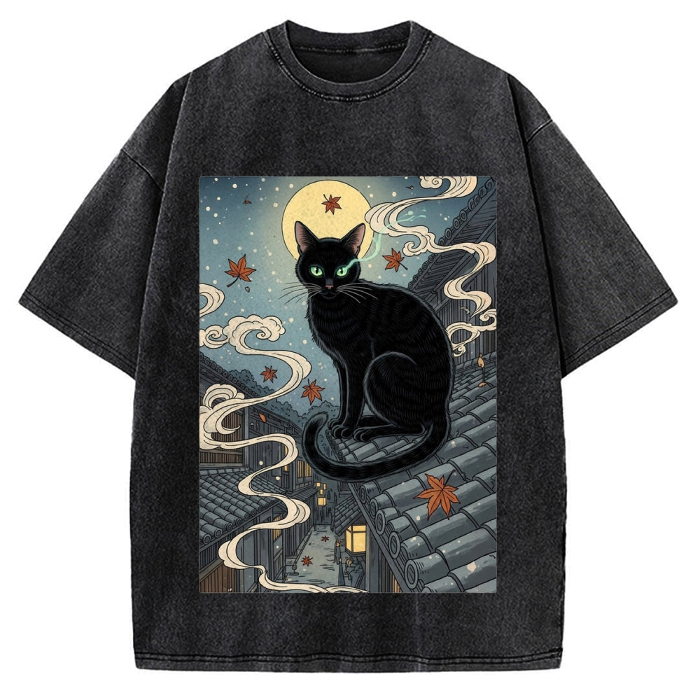 Ukiyo e Black Cat Vintage Washed T-shirt
