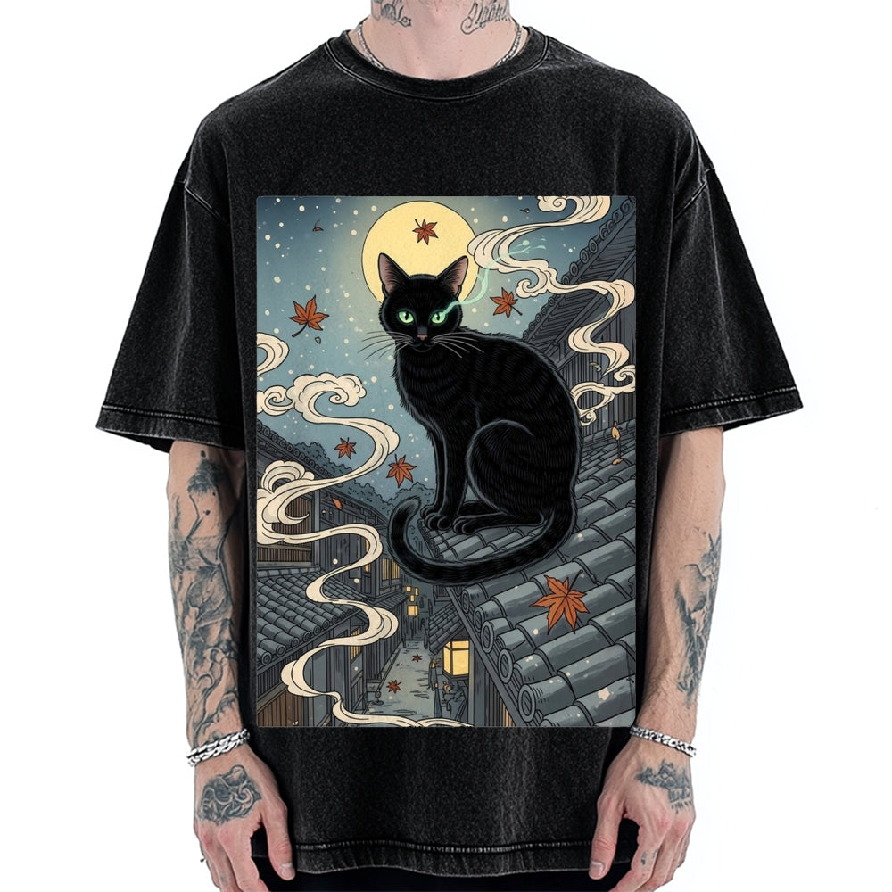 Ukiyo e Black Cat Vintage Washed T-shirt