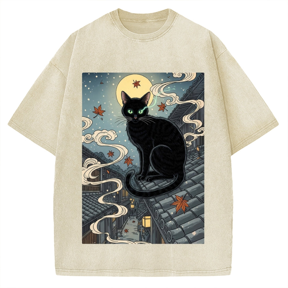 Ukiyo e Black Cat Vintage Washed T-shirt