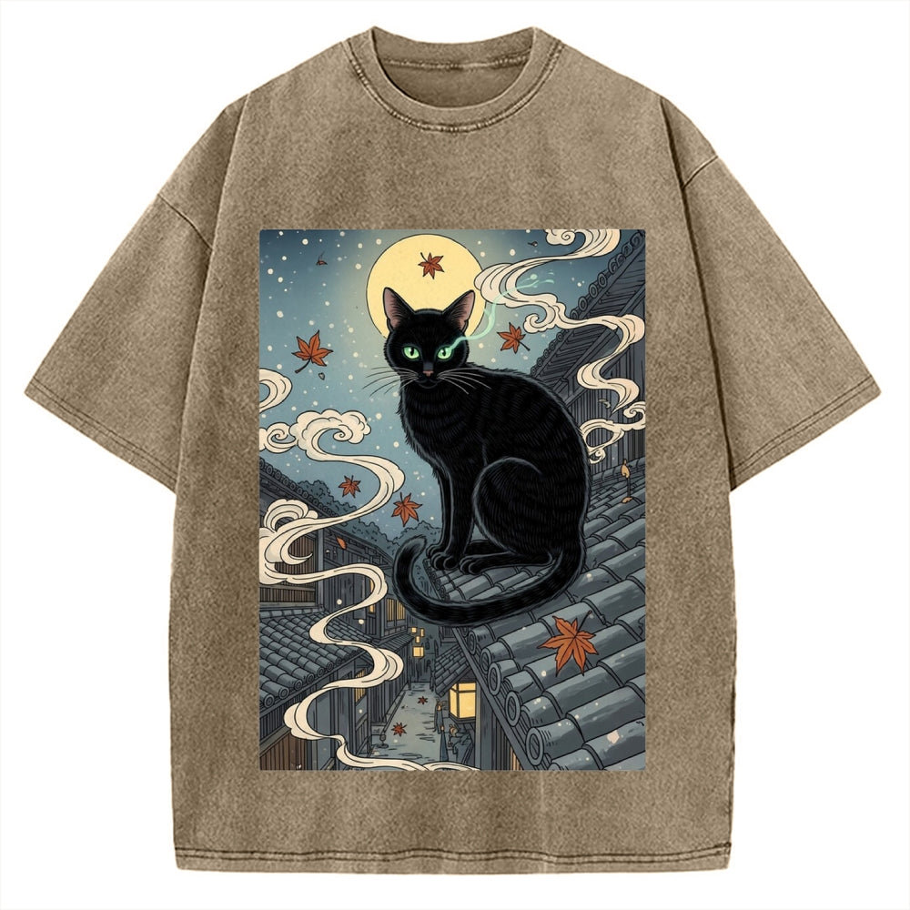 Ukiyo e Black Cat Vintage Washed T-shirt