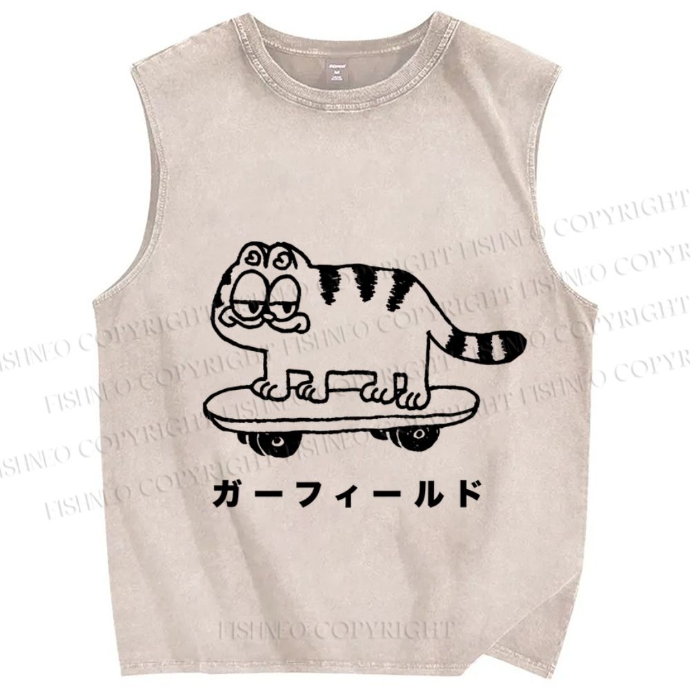 Unisex Silly Cat Skate Japanese Printed Washed Tank Top