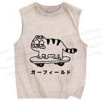 Unisex Silly Cat Skate Japanese Printed Washed Tank Top