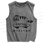 Unisex Silly Cat Skate Japanese Printed Washed Tank Top