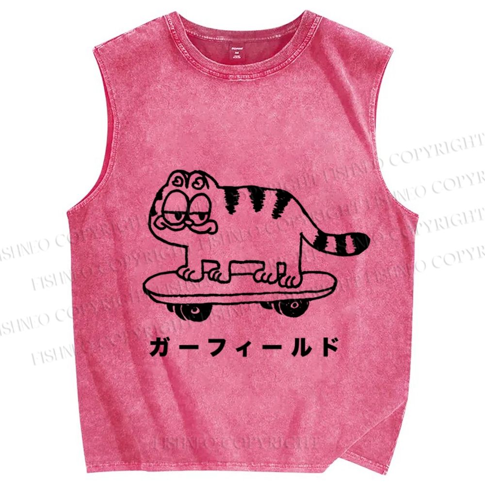 Unisex Silly Cat Skate Japanese Printed Washed Tank Top