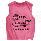 Unisex Silly Cat Skate Japanese Printed Washed Tank Top