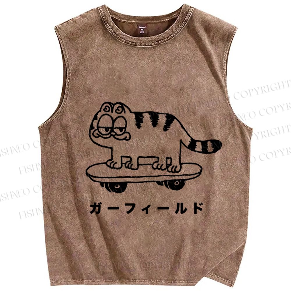 Unisex Silly Cat Skate Japanese Printed Washed Tank Top