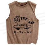 Unisex Silly Cat Skate Japanese Printed Washed Tank Top