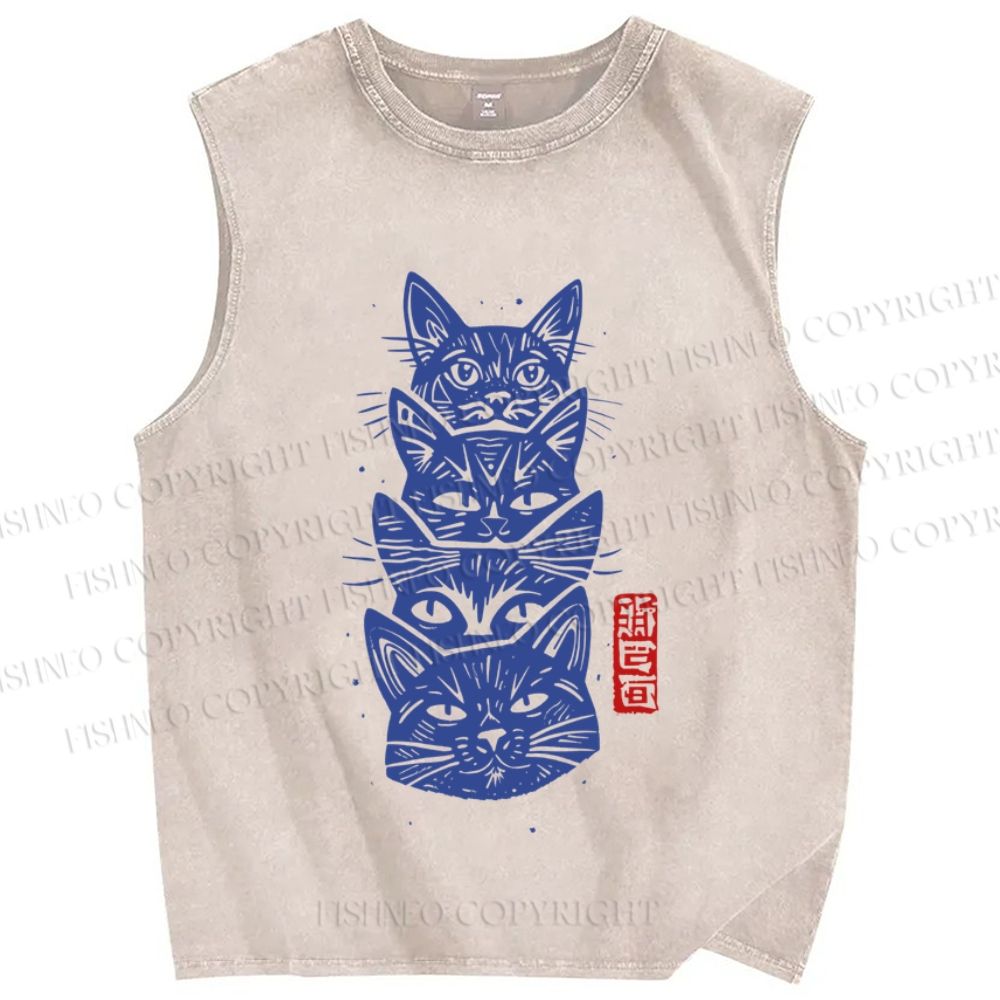 Unisex Vintage Cat Printed Washed Tank Top