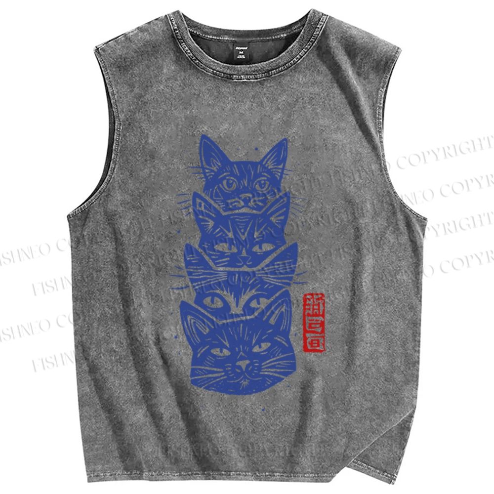 Unisex Vintage Cat Printed Washed Tank Top